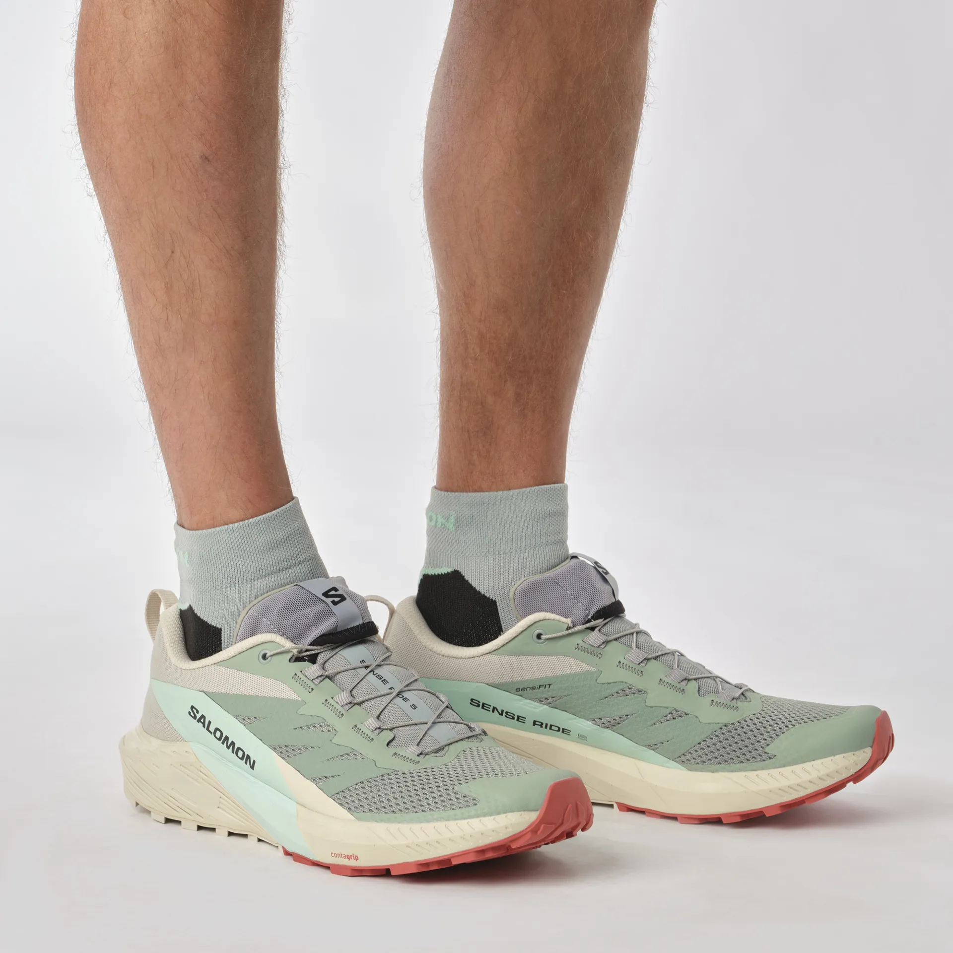 Salomon Mens Sense Ride 5 Lily Pad/Rainy Day/Bleached Aqua